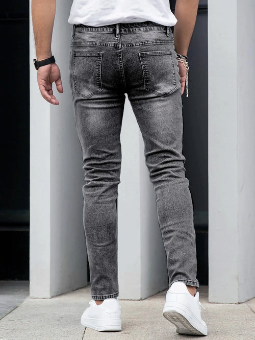 1 Piece of Men's Four-Season Snowflake Washed Fashion Jeans, Stretch Slim Fit Light Gray Dark Black Casual Denim Pants, Normcore and Fashionable, Suitable for Everyday Wear
