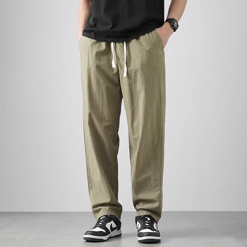DUKEEN Breathable Linen Pants Men 2025 Summer Fashion Thin Ankle-Length Pants Elastic Waist Straight-Leg Men's Clothing