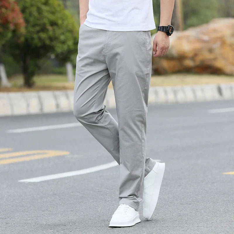 Men's Slim Fit Casual Pants Lightweight Classic Straight Trousers Summer Cotton Stretch Joggers Solid Khaki Pants Male