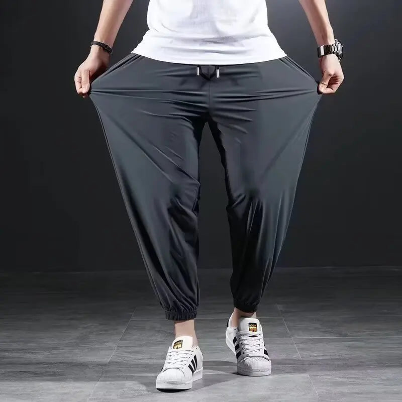 Plus Size Casual Men Pants Summer Breathable Ice Silk Quick Drying Thin Elasticity Sports Running Men Cropped Pants
