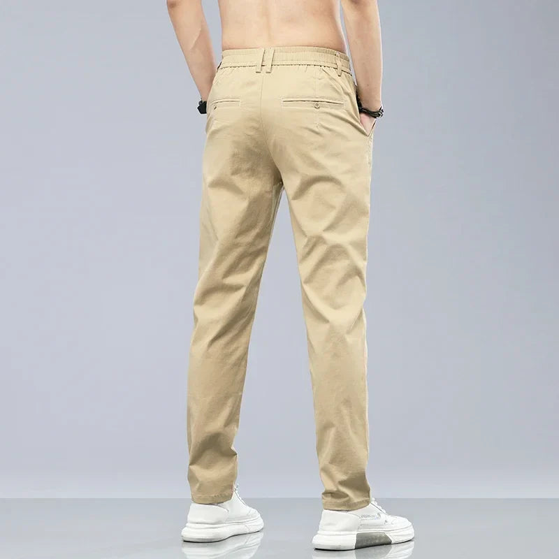 Spring Summer Cotton Men Casual Pants Elastic Waist Business Korean Fashion Straight Classic Solid Color Trousers Black Khaki