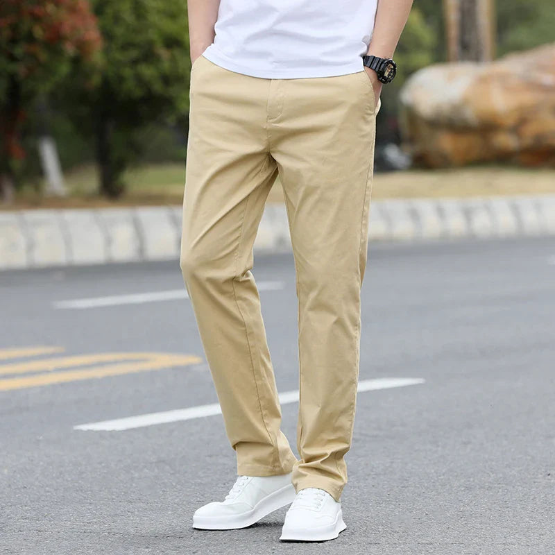 Men's Slim Fit Casual Pants Lightweight Classic Straight Trousers Summer Cotton Stretch Joggers Solid Khaki Pants Male