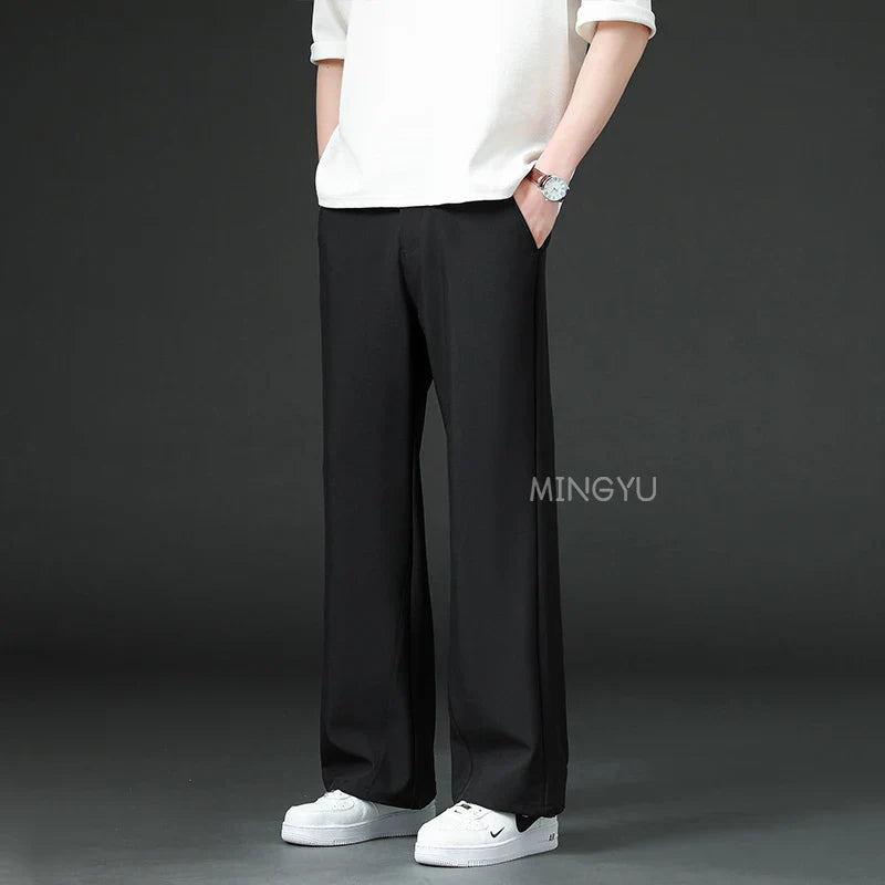Men Business Elastic Waist Suit Flared Trousers