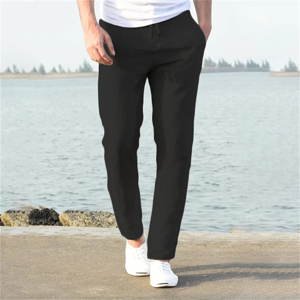 Male Breathable Solid Color Linen Trousers Fitness Streetwear