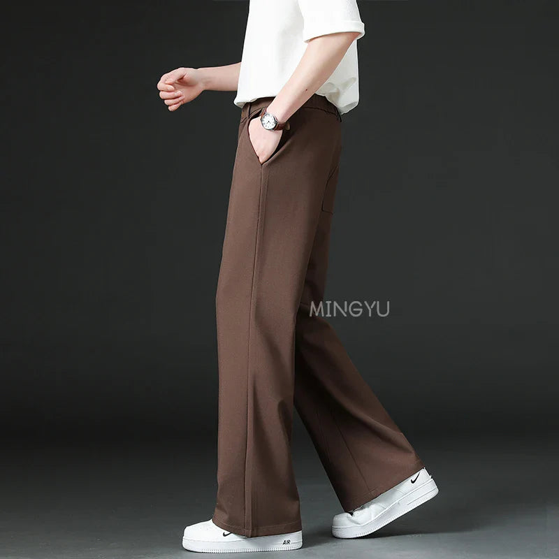 Men Business Elastic Waist Suit Flared Trousers
