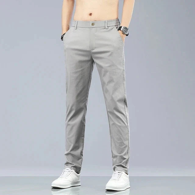 Spring Summer Cotton Men Casual Pants Elastic Waist Business Korean Fashion Straight Classic Solid Color Trousers Black Khaki