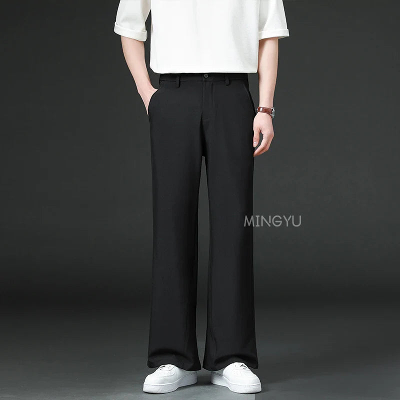 Men Business Elastic Waist Suit Flared Trousers