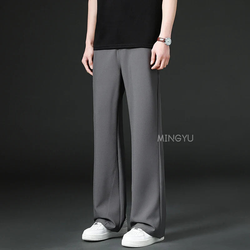 Men Business Elastic Waist Suit Flared Trousers