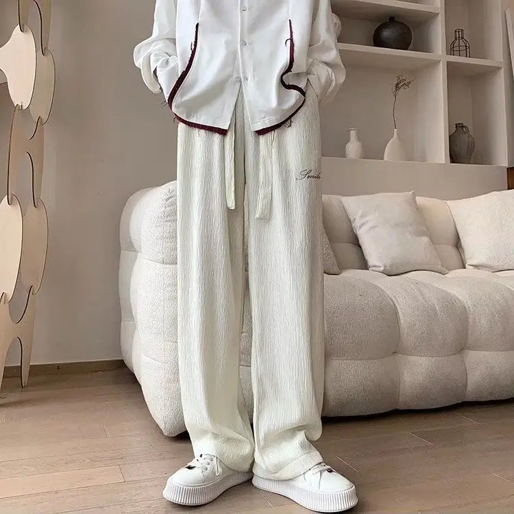 Casual Ice Silk Pants Men Wide Leg Lightweight Baggy Sweatpants White Straight Linen Trousers Male Summer Elastic Hiking