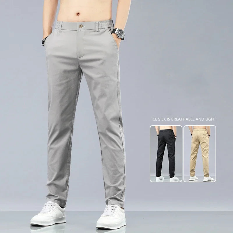 Spring Summer Cotton Men Casual Pants Elastic Waist Business Korean Fashion Straight Classic Solid Color Trousers Black Khaki