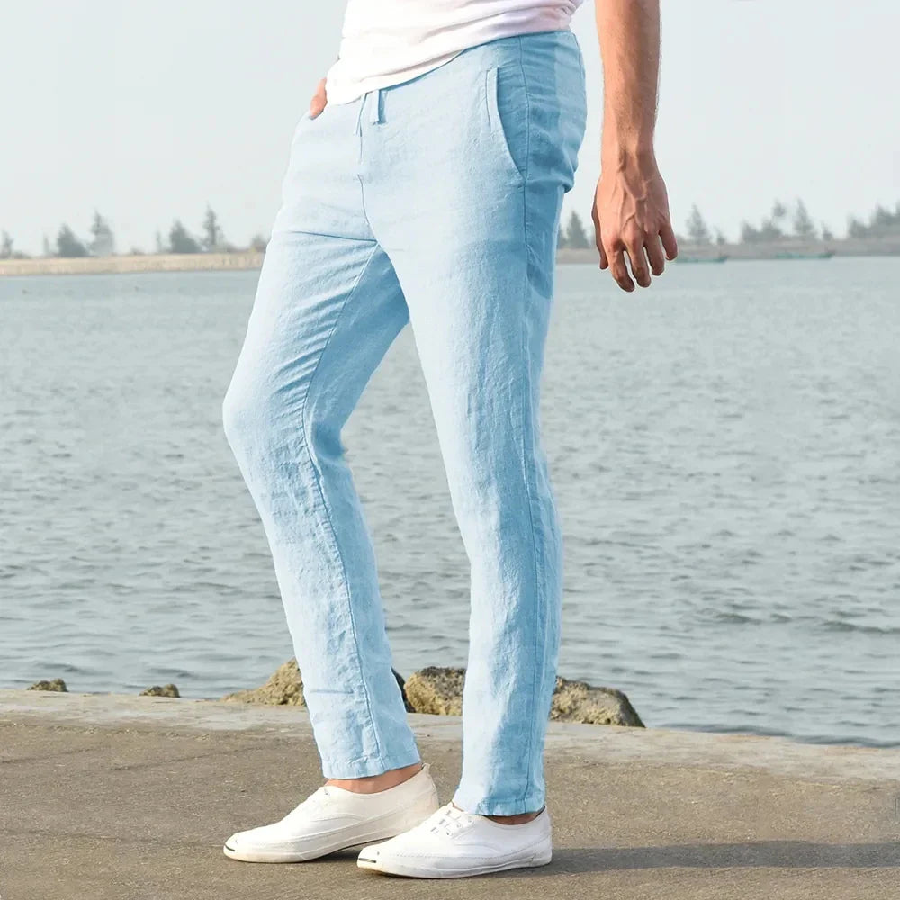 Male Breathable Solid Color Linen Trousers Fitness Streetwear
