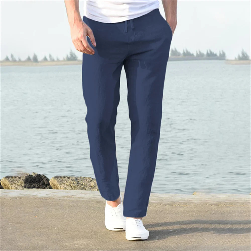 Male Breathable Solid Color Linen Trousers Fitness Streetwear