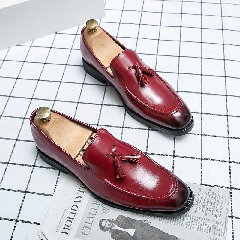 Fashion Men Formal Leather Shoes British Tassels Loafers Pointed Toe Dress Non-Slip Business Casual Red Wedding Office Shoes