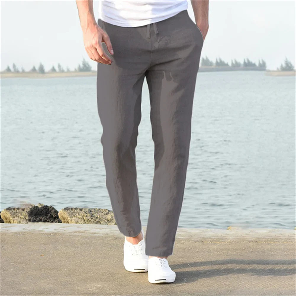 Male Breathable Solid Color Linen Trousers Fitness Streetwear