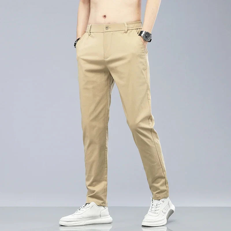 Spring Summer Cotton Men Casual Pants Elastic Waist Business Korean Fashion Straight Classic Solid Color Trousers Black Khaki