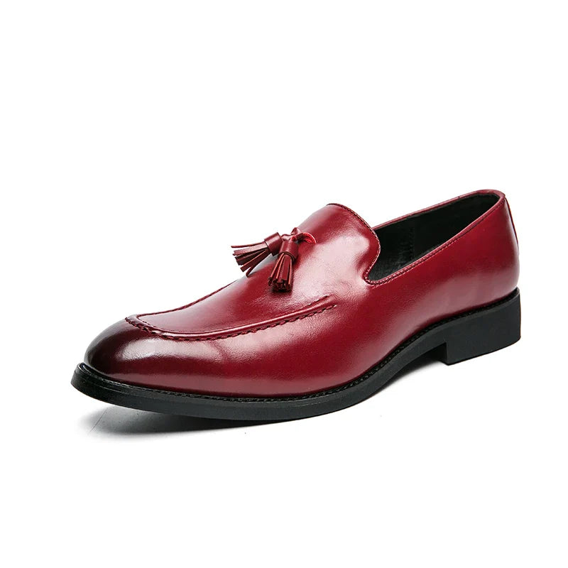Fashion Men Formal Leather Shoes British Tassels Loafers Pointed Toe Dress Non-Slip Business Casual Red Wedding Office Shoes