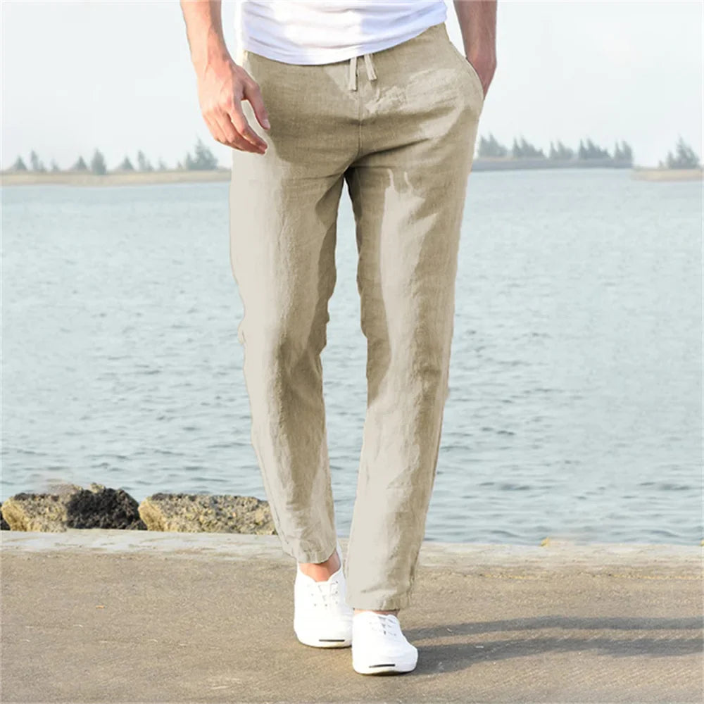 Male Breathable Solid Color Linen Trousers Fitness Streetwear
