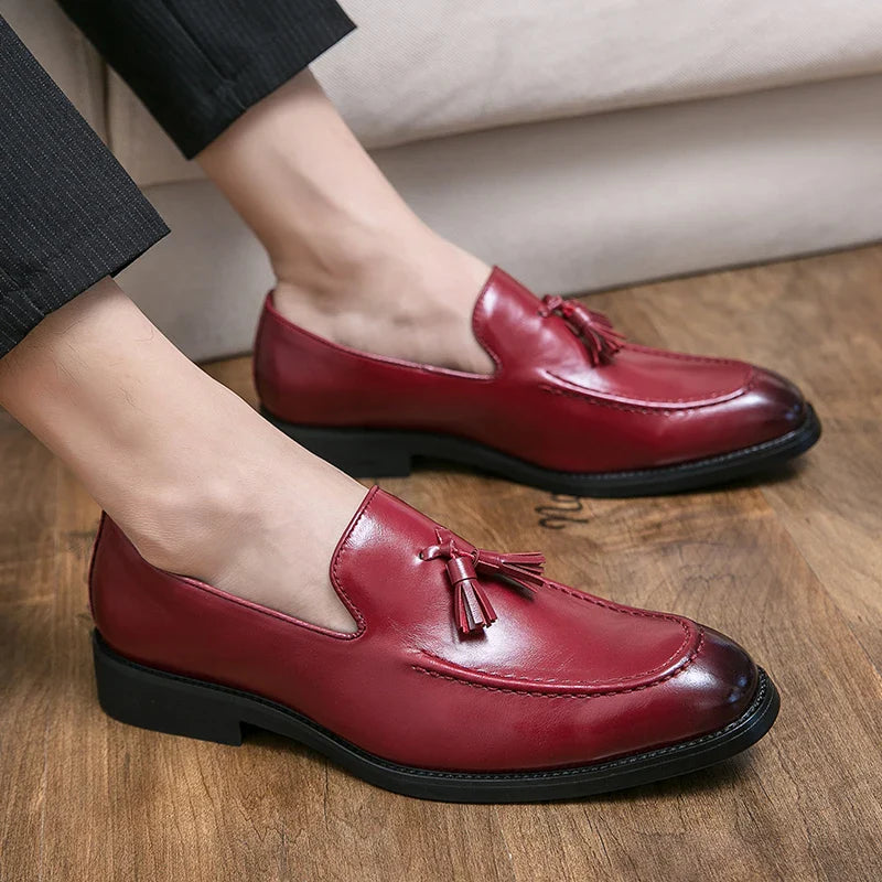 Fashion Men Formal Leather Shoes British Tassels Loafers Pointed Toe Dress Non-Slip Business Casual Red Wedding Office Shoes
