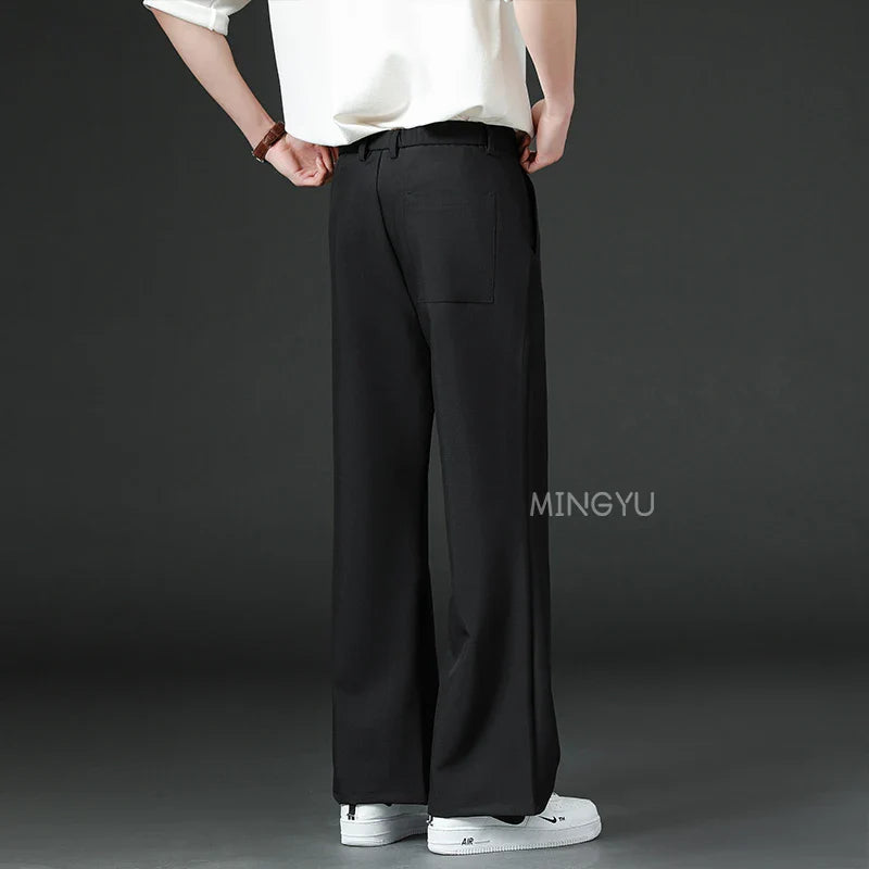 Men Business Elastic Waist Suit Flared Trousers