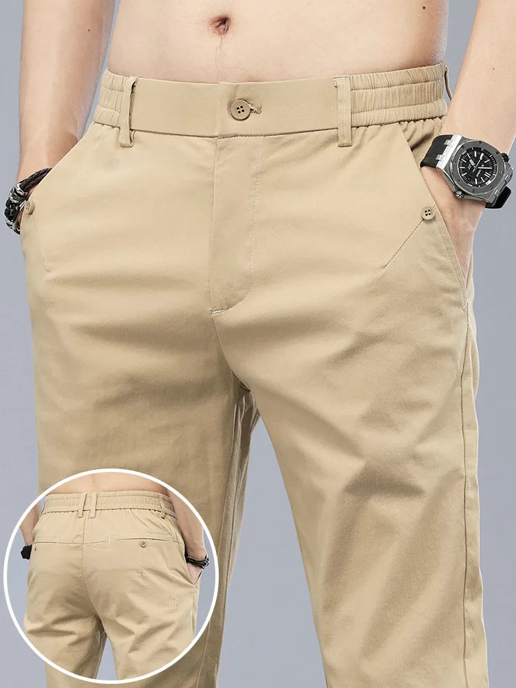 Brand Clothing Men's Casual Pants 98% Cotton Thin Business Straight Slim Fit Classic Trousers Stretch Spring Summer Male Pants