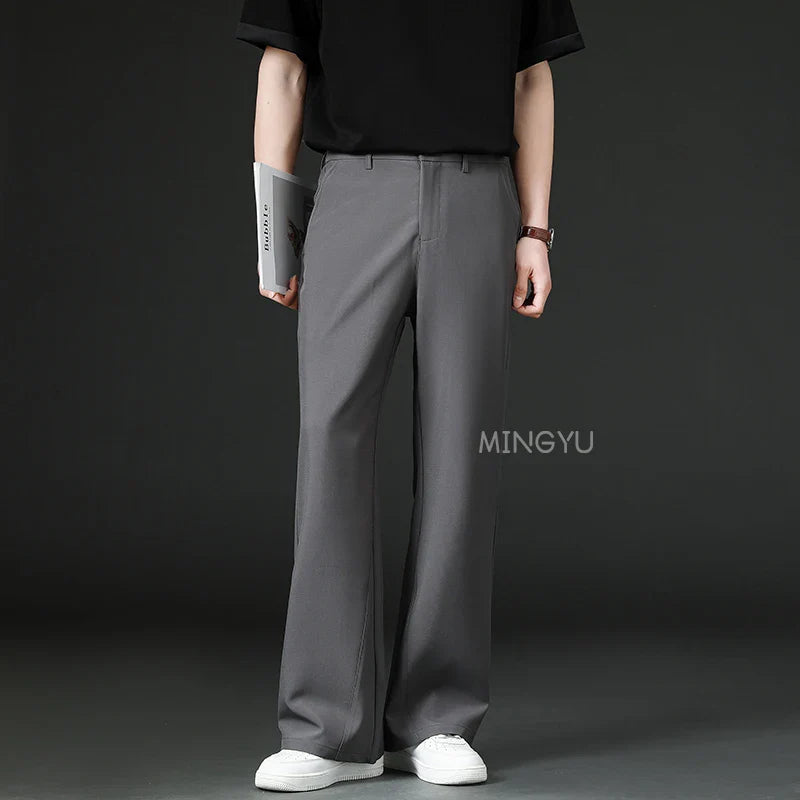 Men Business Elastic Waist Suit Flared Trousers