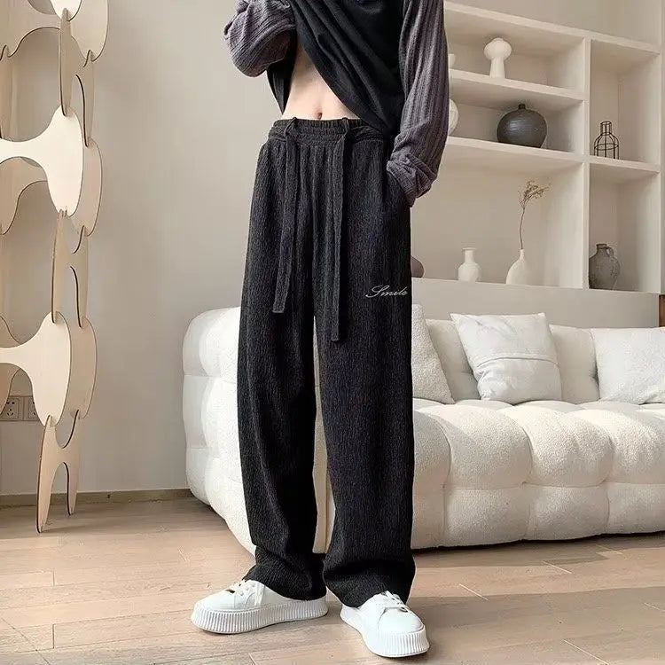 Casual Ice Silk Pants Men Wide Leg Lightweight Baggy Sweatpants White Straight Linen Trousers Male Summer Elastic Hiking