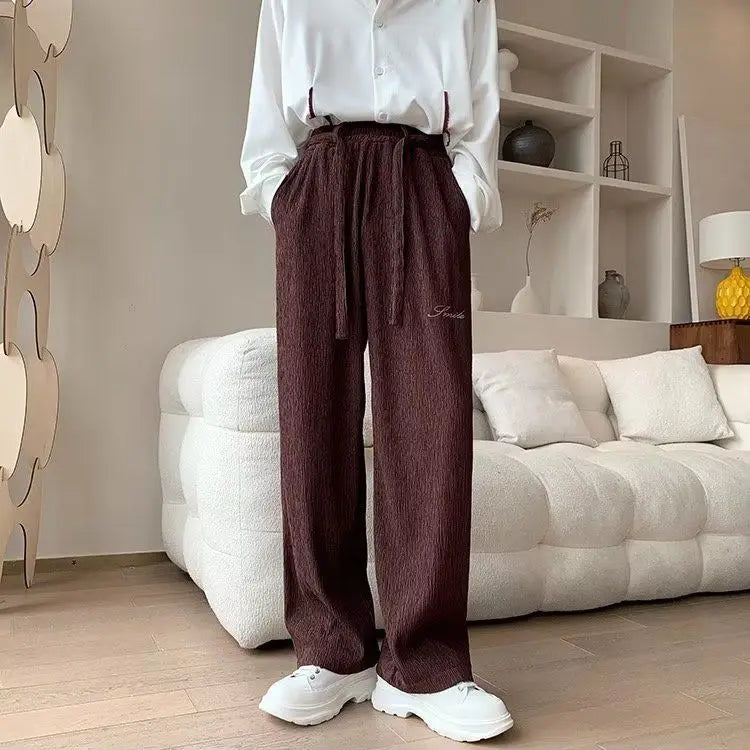 Casual Ice Silk Pants Men Wide Leg Lightweight Baggy Sweatpants White Straight Linen Trousers Male Summer Elastic Hiking