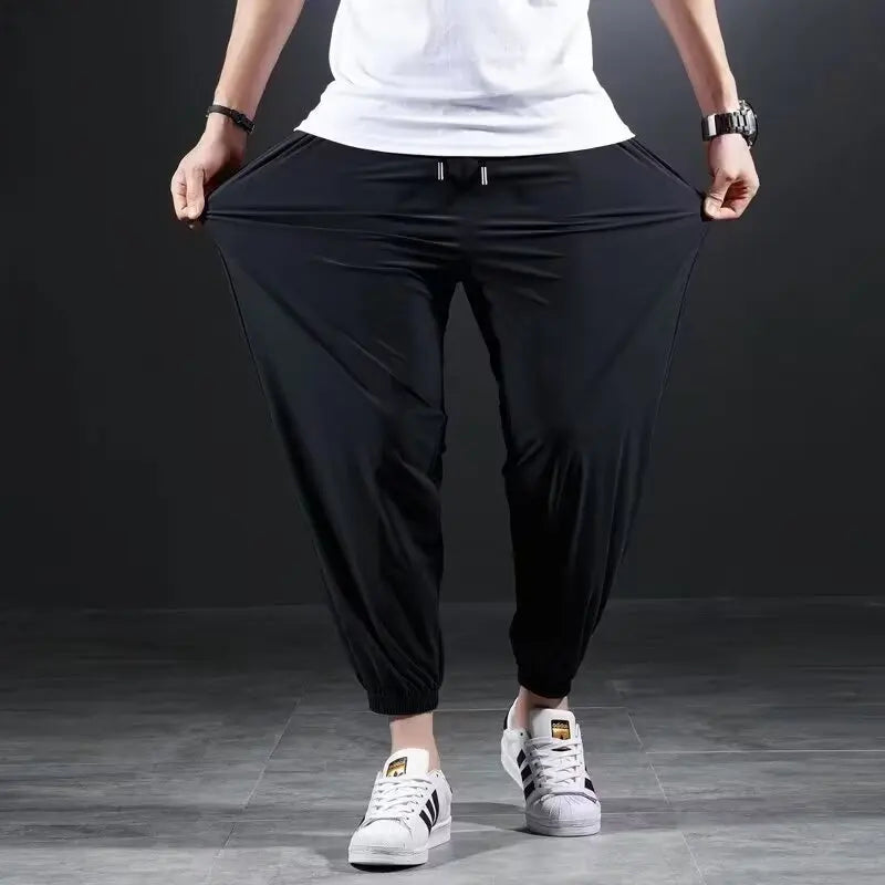 Plus Size Casual Men Pants Summer Breathable Ice Silk Quick Drying Thin Elasticity Sports Running Men Cropped Pants