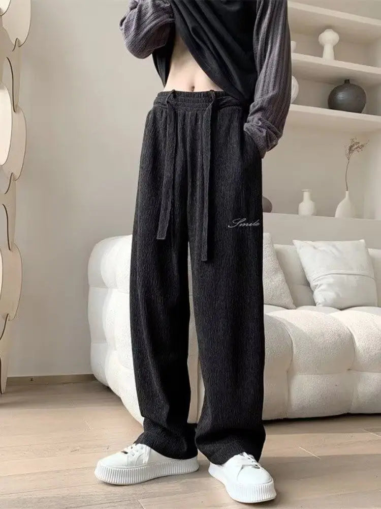 Casual Ice Silk Pants Men Wide Leg Lightweight Baggy Sweatpants White Straight Linen Trousers Male Summer Elastic Hiking