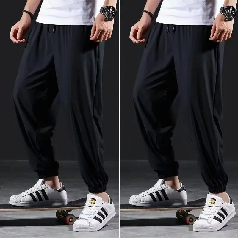 Plus Size Casual Men Pants Summer Breathable Ice Silk Quick Drying Thin Elasticity Sports Running Men Cropped Pants