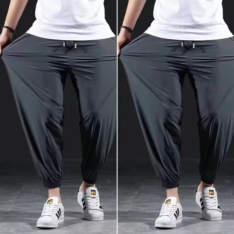 Plus Size Casual Men Pants Summer Breathable Ice Silk Quick Drying Thin Elasticity Sports Running Men Cropped Pants