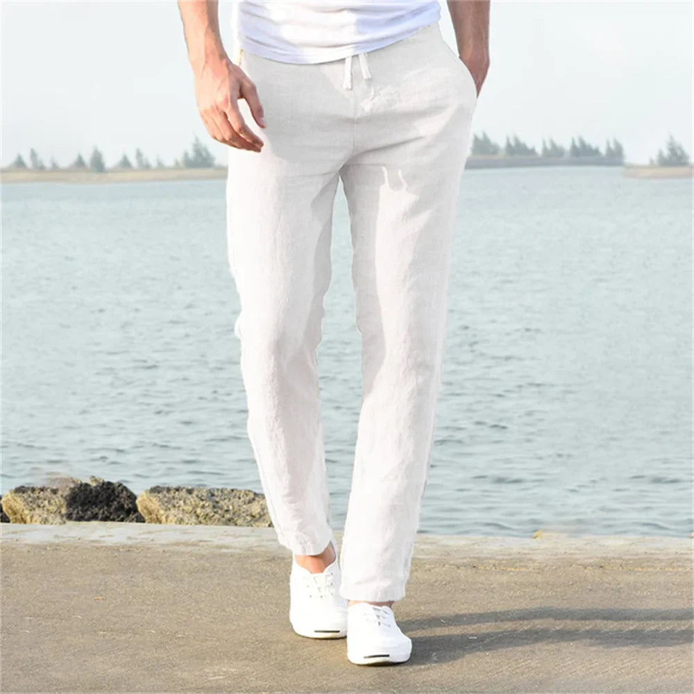Male Breathable Solid Color Linen Trousers Fitness Streetwear