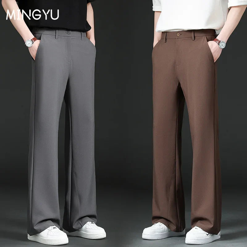 Men Business Elastic Waist Suit Flared Trousers