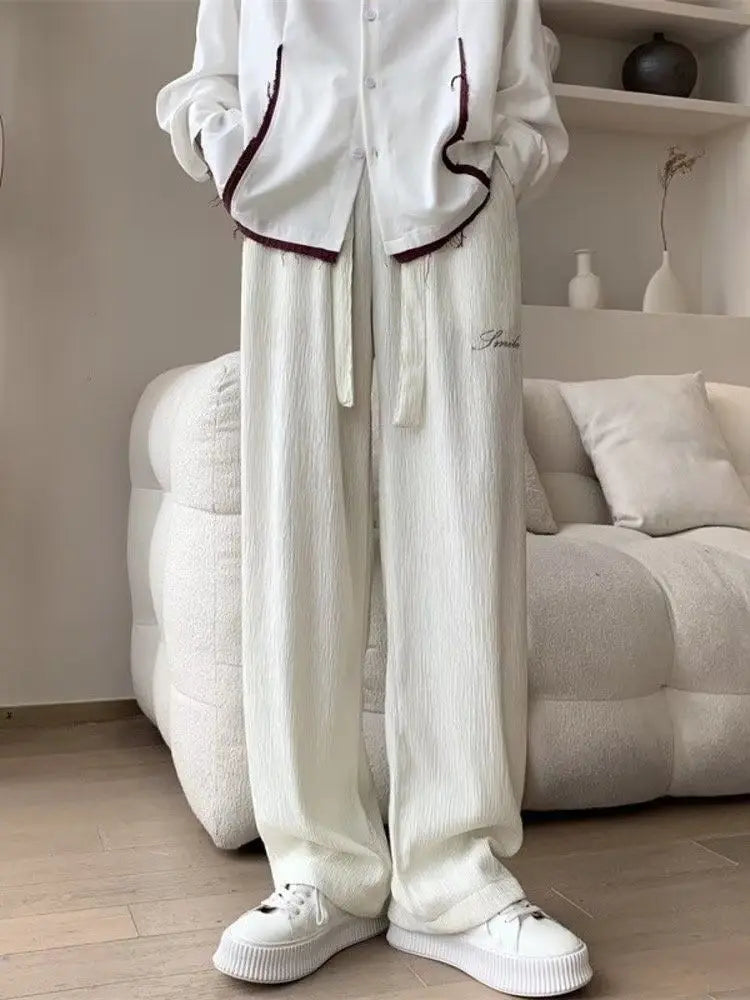 Casual Ice Silk Pants Men Wide Leg Lightweight Baggy Sweatpants White Straight Linen Trousers Male Summer Elastic Hiking