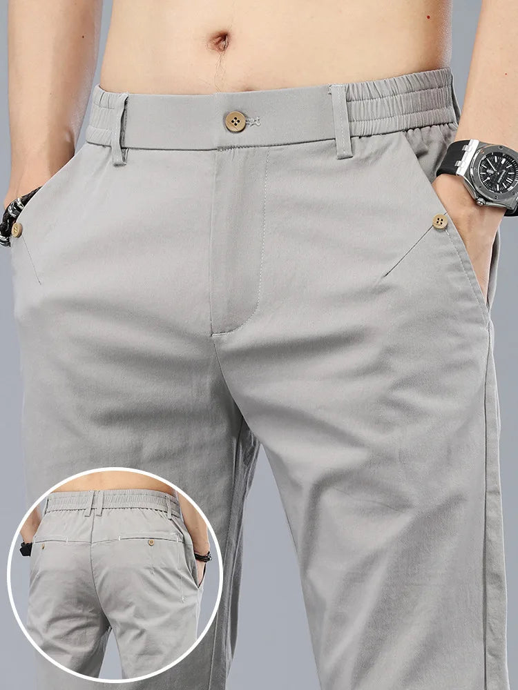 Brand Clothing Men's Casual Pants 98% Cotton Thin Business Straight Slim Fit Classic Trousers Stretch Spring Summer Male Pants