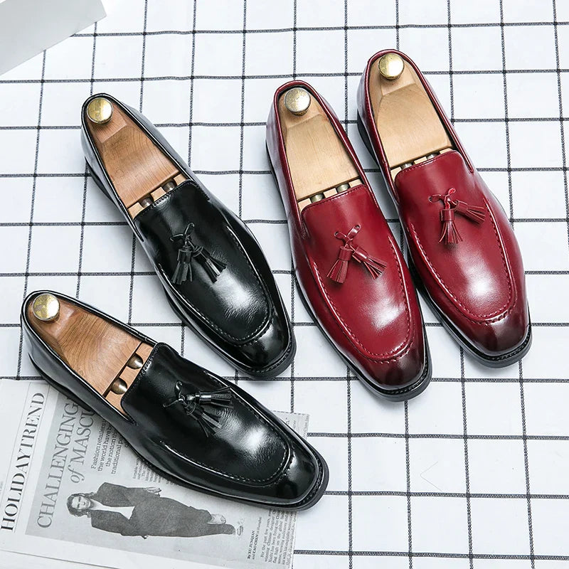 Fashion Men Formal Leather Shoes British Tassels Loafers Pointed Toe Dress Non-Slip Business Casual Red Wedding Office Shoes