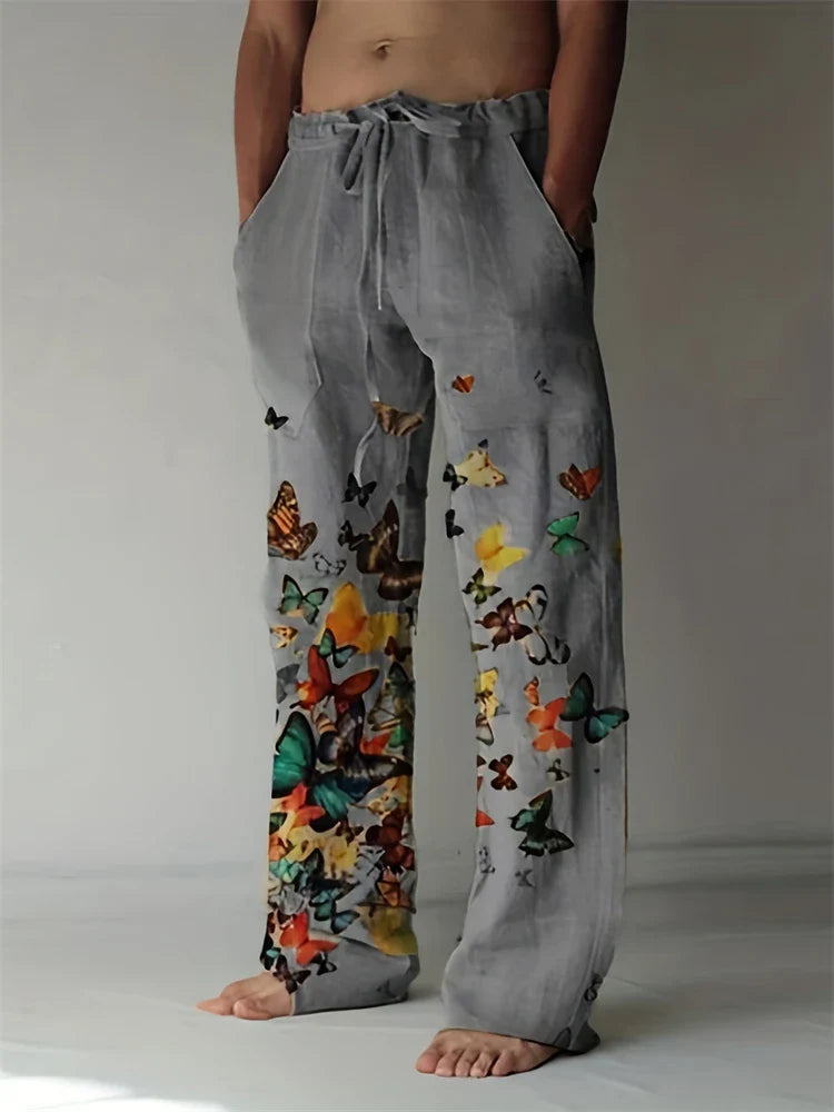 Vintage Men's Summer Straight Pants Comfortable And Breathable Cotton Linen Casual Pants Men's Butterfly Print Large Linen Pants