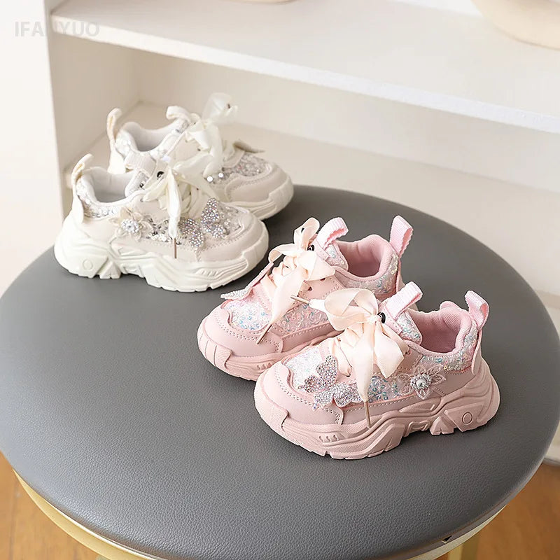 1-6Y New Girls' Sports Shoes Anti Slip Soft Sole Sequin Shinny Butterfly Cute Tennis Running Shoes Princess Shoes for Baby Girls