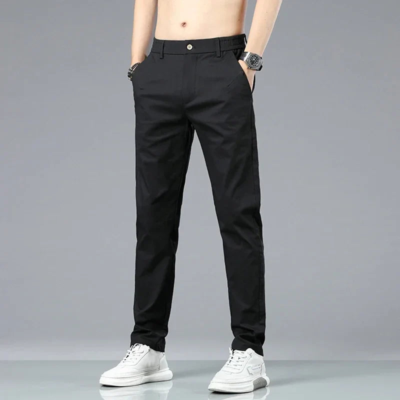 Spring Summer Cotton Men Casual Pants Elastic Waist Business Korean Fashion Straight Classic Solid Color Trousers Black Khaki