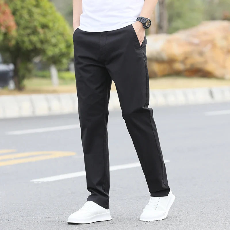 Men's Slim Fit Casual Pants Lightweight Classic Straight Trousers Summer Cotton Stretch Joggers Solid Khaki Pants Male