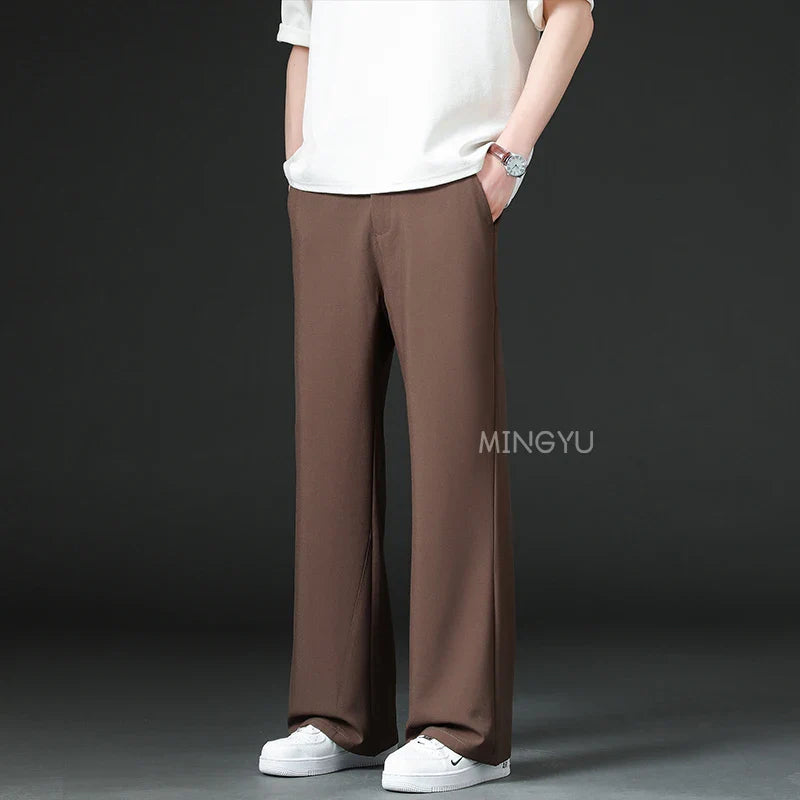 Men Business Elastic Waist Suit Flared Trousers