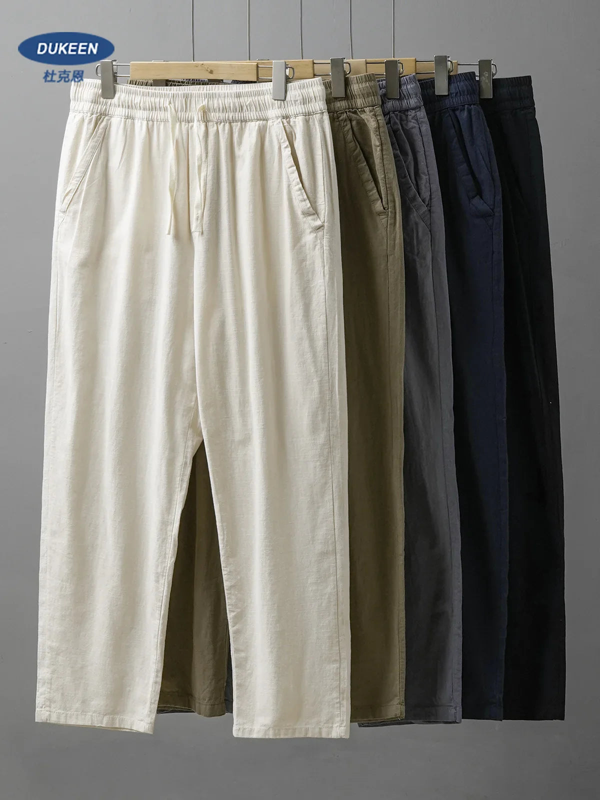 DUKEEN Breathable Linen Pants Men 2025 Summer Fashion Thin Ankle-Length Pants Elastic Waist Straight-Leg Men's Clothing