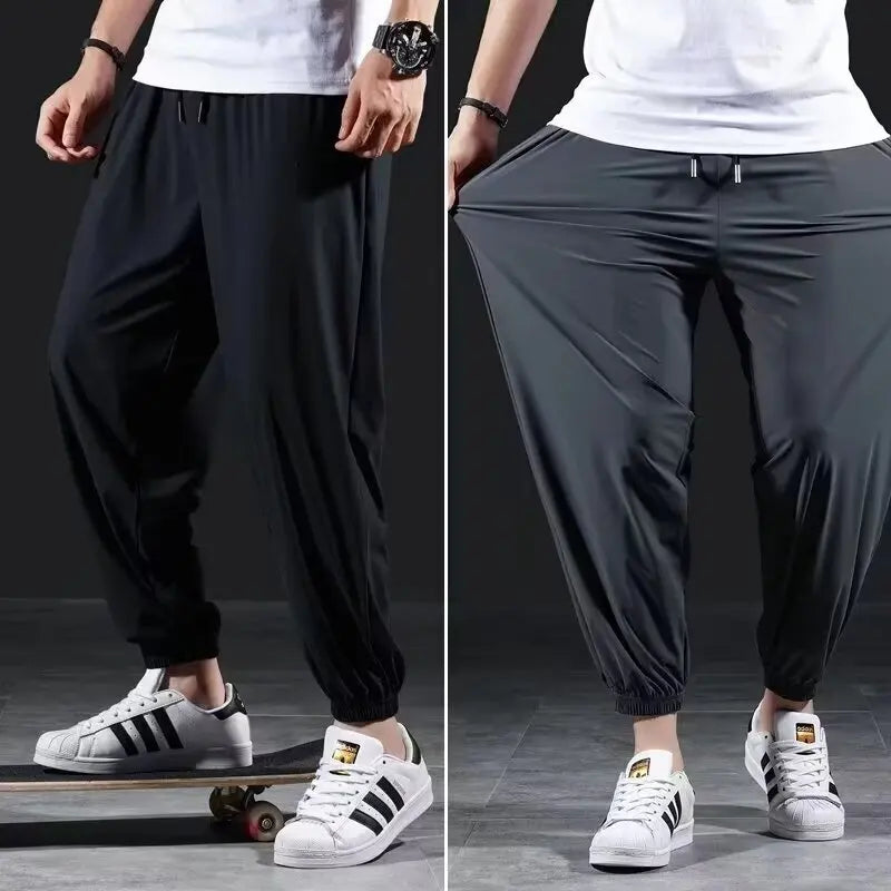 Plus Size Casual Men Pants Summer Breathable Ice Silk Quick Drying Thin Elasticity Sports Running Men Cropped Pants
