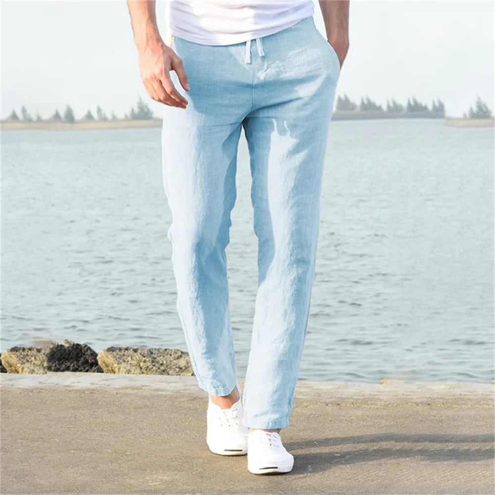 Male Breathable Solid Color Linen Trousers Fitness Streetwear
