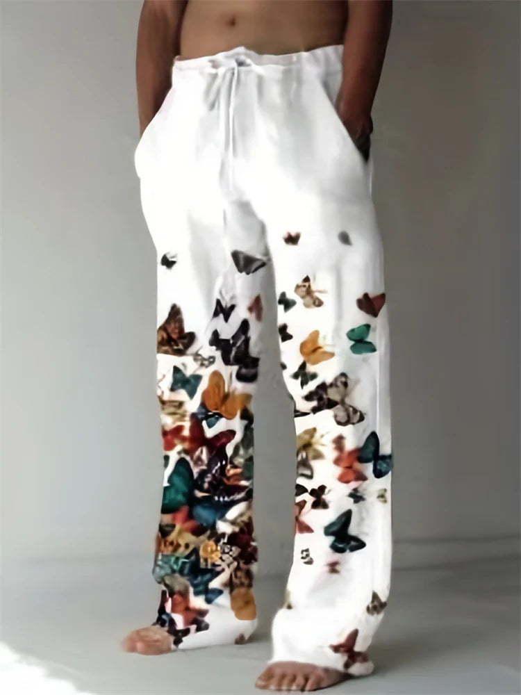 Vintage Men's Summer Straight Pants Comfortable And Breathable Cotton Linen Casual Pants Men's Butterfly Print Large Linen Pants